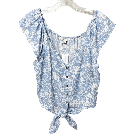 NWT American Eagle Top with Tie Front Detail Blue White Floral Print- Size Small - Picture 8 of 8